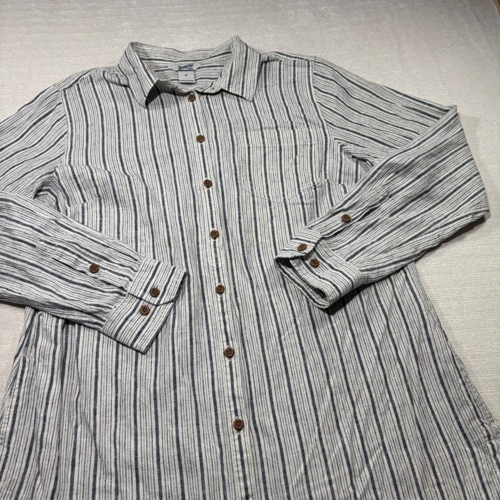 Duluth Trading Co Hemp Organic Cotton Striped Button Down Shirt Medium Blue